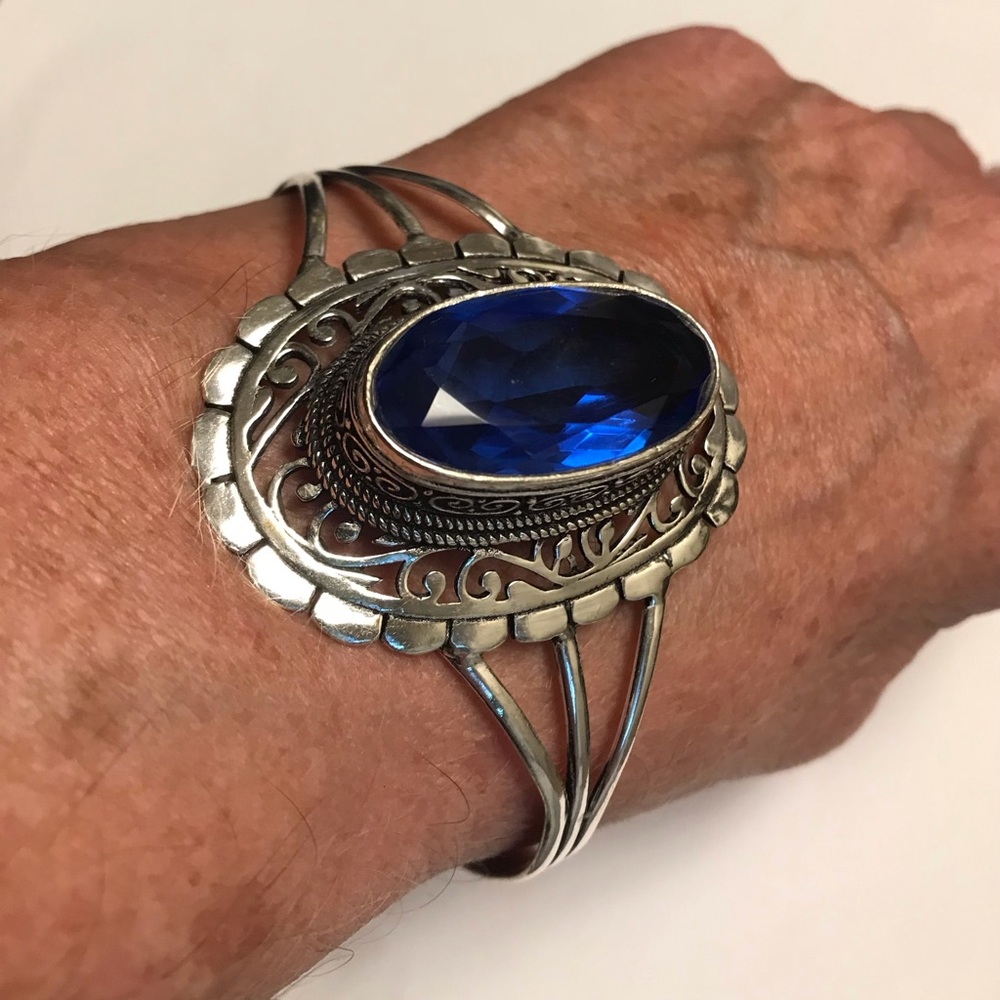Blue Topaz Stamped 925 Sterling Silver Cuff Bracelet